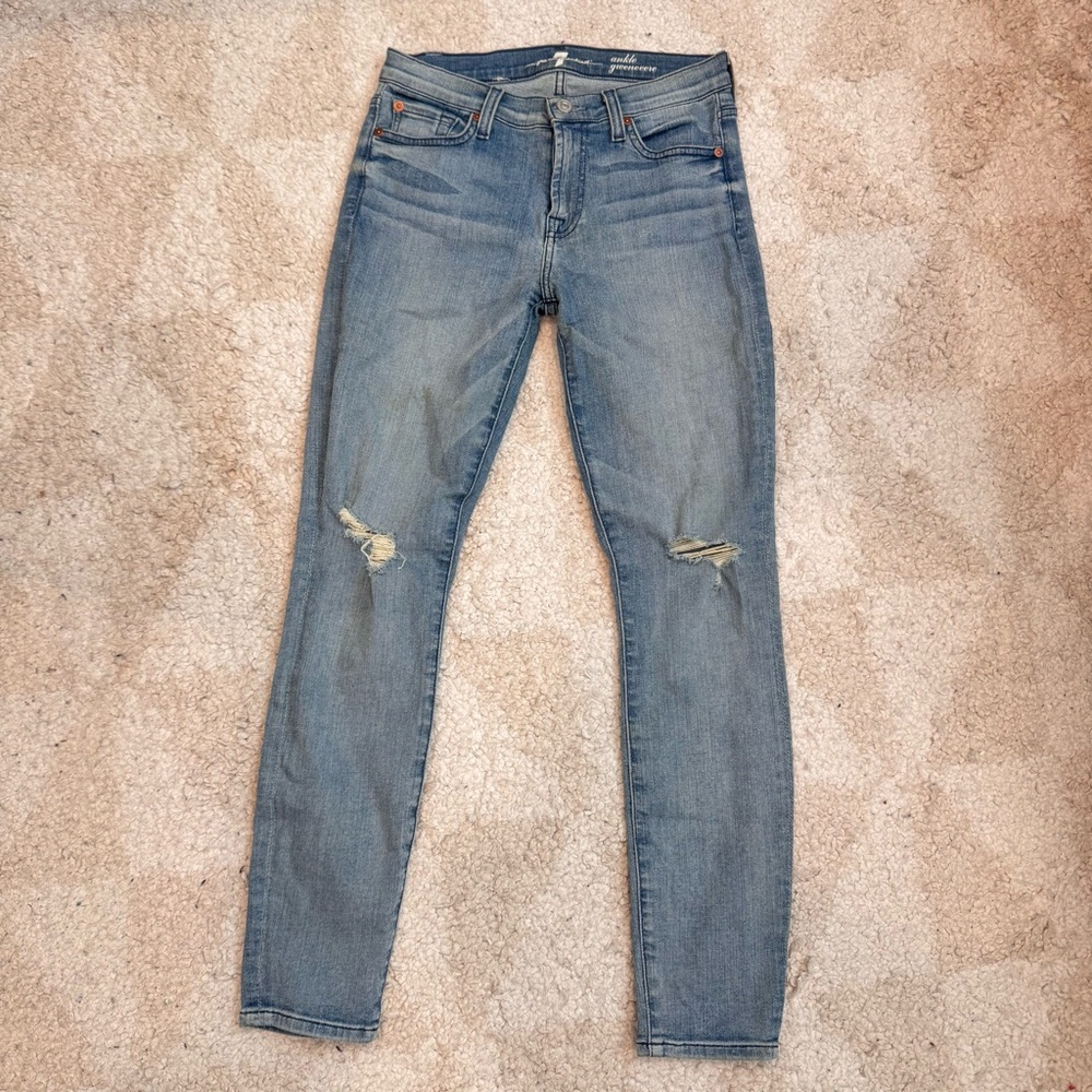 ankle gwenevere 7 for all mankind Light Blue Distressed Skinny Jeans